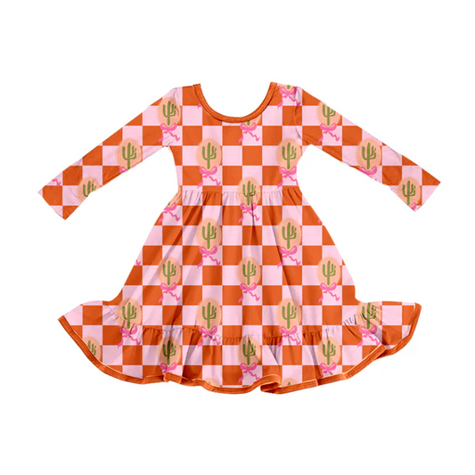 8.14 Preorder (moq 5)Baby Girls Western Pink Cactus Ruffle Knee Length Dresses
