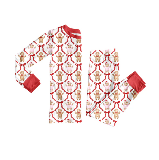 8.14 Preorder(moq 5) Baby Girls Christmas Gingerbread Bows Top Pants Lounge Wear Pajamas Sets