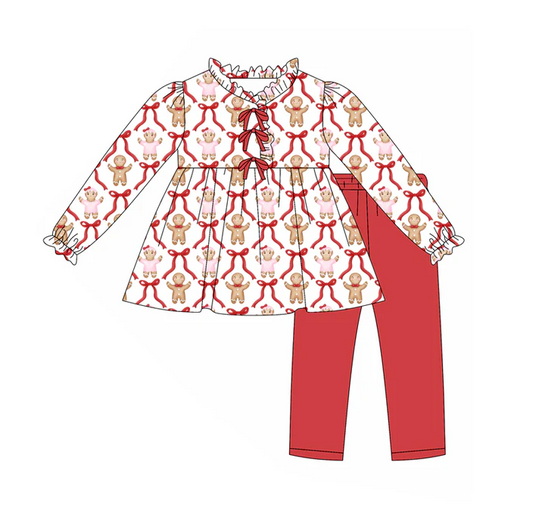 8.14 Preorder (moq 5)Baby Girls Christmas Gingerbread Bows Tunic Top Ruffle Pants Outfits Sets