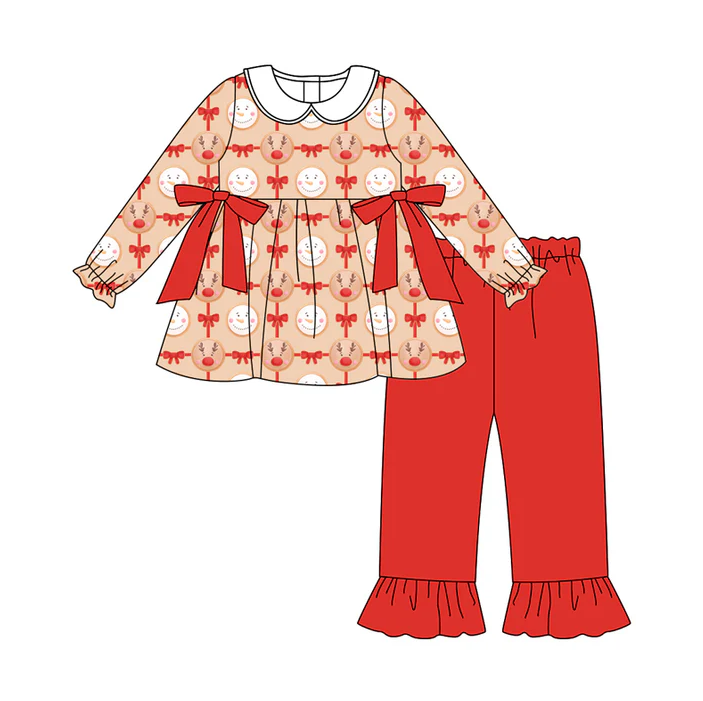8.14 Preorder (moq 5)Baby Girls Christmas Reindeer Bows Tunic Top Ruffle Pants Outfits Sets