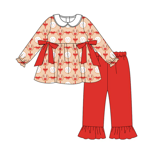 8.14 Preorder (moq 5)Baby Girls Christmas Reindeer Bows Tunic Top Ruffle Pants Outfits Sets
