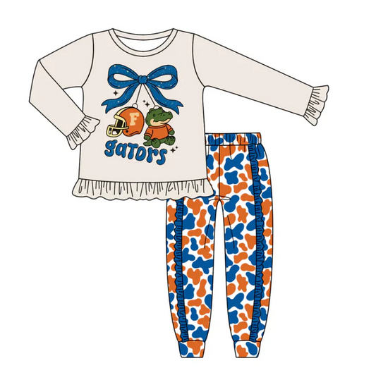 8.14 Preorder (moq 5)Baby Girls Grey Gators Team Top Ruffle Pants Outfits Sets