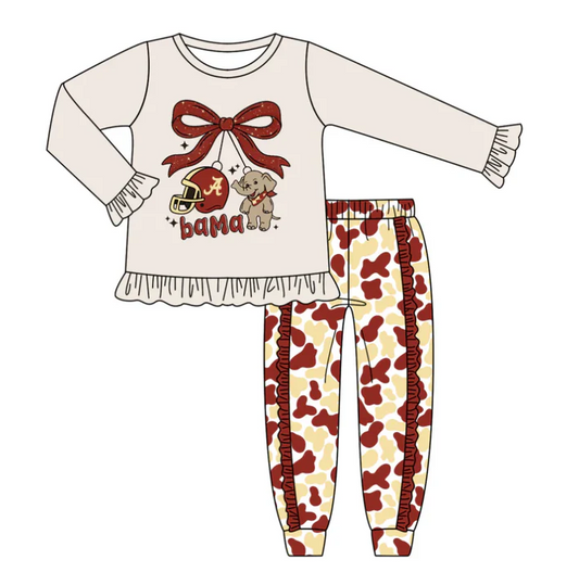 8.14 Preorder (moq 5)Baby Girls Grey Alabama Elephant Team Top Ruffle Pants Outfits Sets