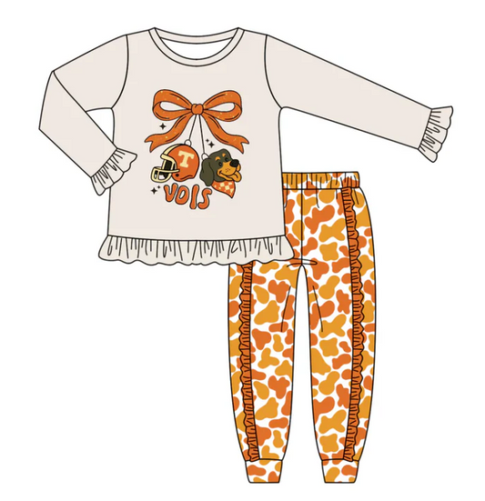 8.14 Preorder (moq 5)Baby Girls Grey Tennessee Vols Dog Team Top Ruffle Pants Outfits Sets
