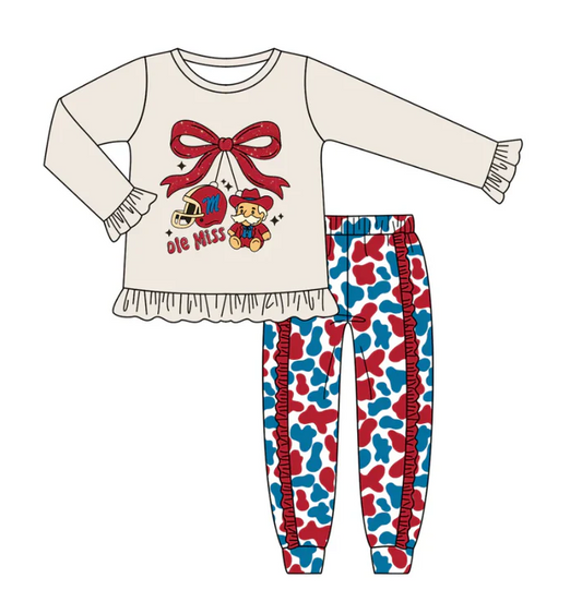 8.14 Preorder (moq 5)Baby Girls Grey Red Ole Miss Team Top Ruffle Pants Outfits Sets