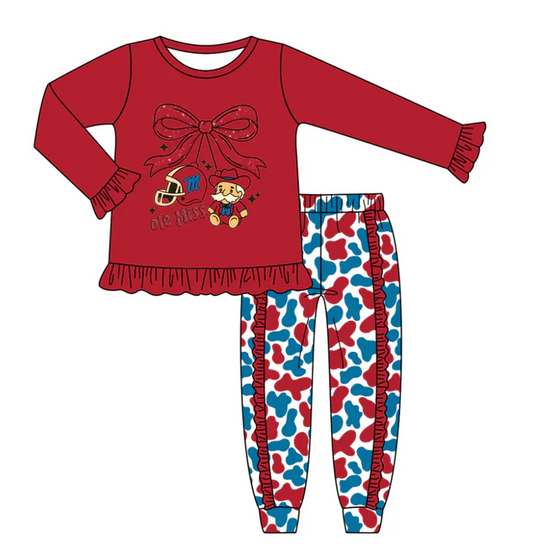 8.14 Preorder (moq 5)Baby Girls Red Ole Miss Team Top Ruffle Pants Outfits Sets