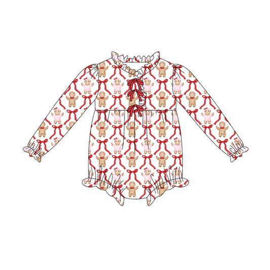 8.14 Preorder(moq 5)Baby Infant Christmas Gingerbread Bows Long Sleeve Rompers