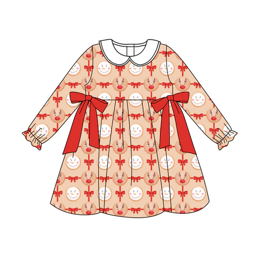8.14 Preorder (moq 5)Baby Girls Christmas Gingerbread Bows Ruffle Knee Length Dresses