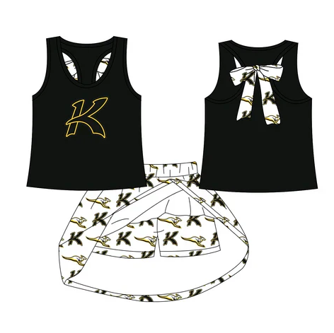 8.15 Preorder (moq 5)Baby Girls Black K vest team Top Skirt Skort Sets