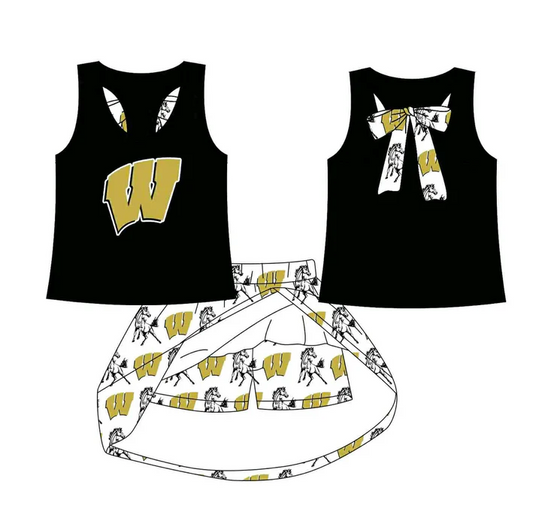 8.15 Preorder (moq 5)Baby Girls Black W Horse vest team Top Skirt Skort Sets