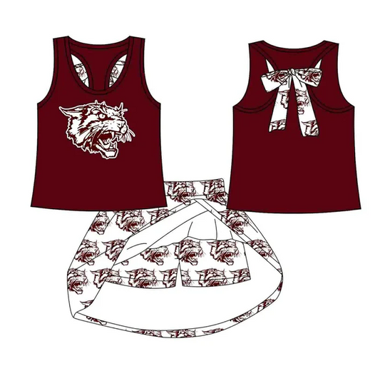 8.15 Preorder (moq 5)Baby Girls Wine Leopard vest team Top Skirt Skort Sets