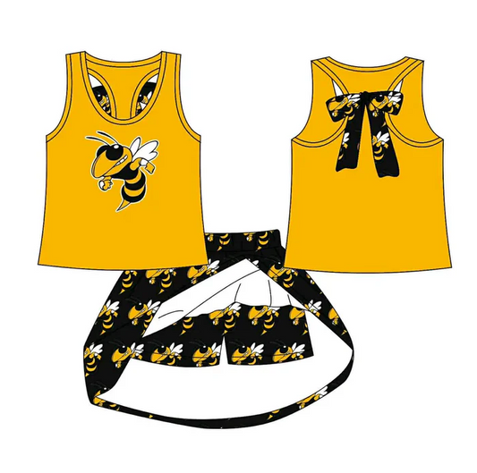 8.15 Preorder (moq 5)Baby Girls Mustard Honey Bee vest team Top Skirt Skort Sets