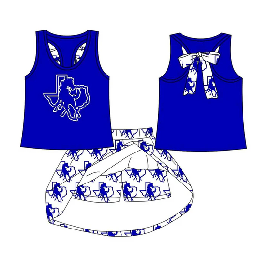 8.15 Preorder (moq 5)Baby Girls Blue Horse vest team Top Skirt Skort Sets