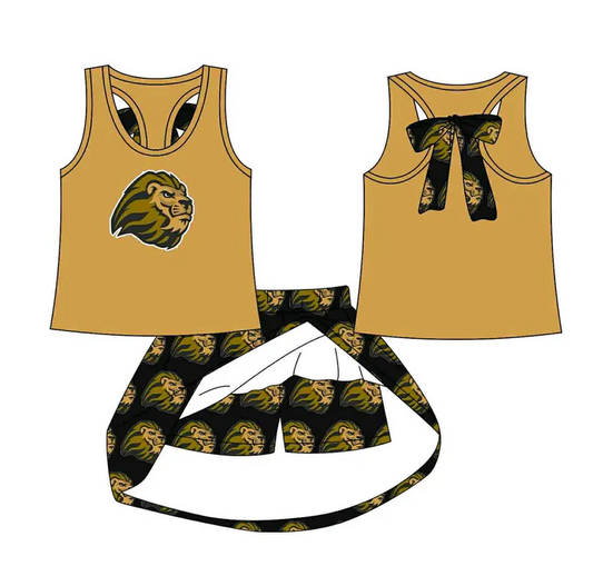 8.15 Preorder (moq 5)Baby Girls Gold Lion vest team Top Skirt Skort Sets