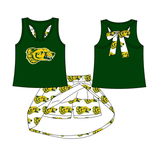8.15 Preorder (moq 5)Baby Girls Green Leopard vest team Top Skirt Skort Sets