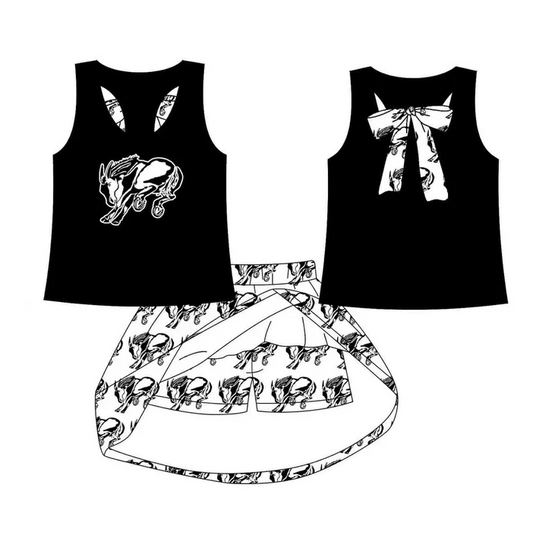 8.15 Preorder (moq 5)Baby Girls Black Horse vest team Top Skirt Skort Sets