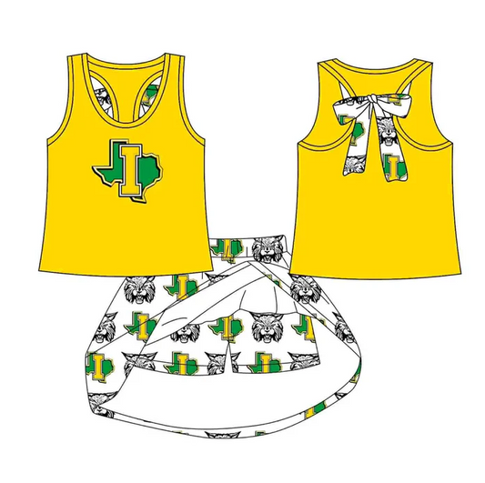 8.15 Preorder (moq 5)Baby Girls Yellow I bow vest team Top Skirt Skort Sets