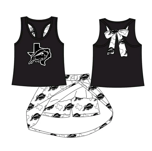 8.15 Preorder (moq 5)Baby Girls Black Cow bow vest team Top Skirt Skort Sets