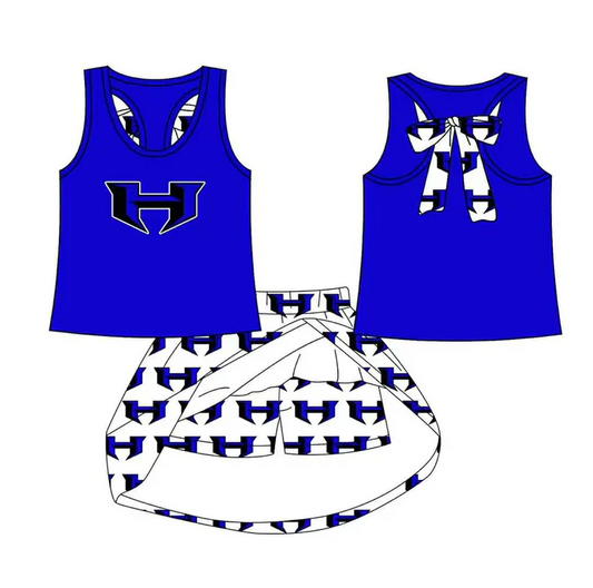 8.15 Preorder (moq 5)Baby Girls Blue H bow vest team Top Skirt Skort Sets