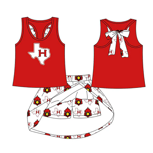 8.15 Preorder (moq 5)Baby Girls Red Bird H bow vest team Top Skirt Skort Sets