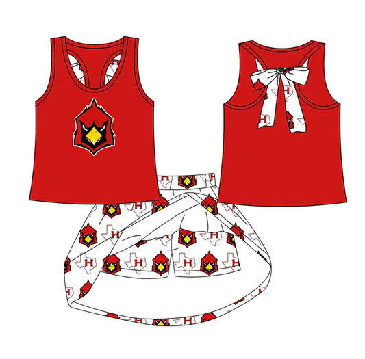 8.15 Preorder (moq 5)Baby Girls Red Bird bow vest team Top Skirt Skort Sets