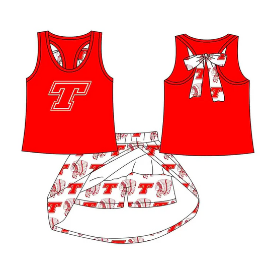 8.15Preorder (moq 5)Baby Girls Red T India bow vest team Top Skirt Skort Sets