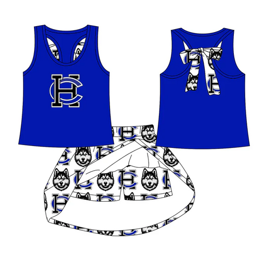 8.15 Preorder (moq 5)Baby Girls Blue HC bow vest team Top Skirt Skort Sets