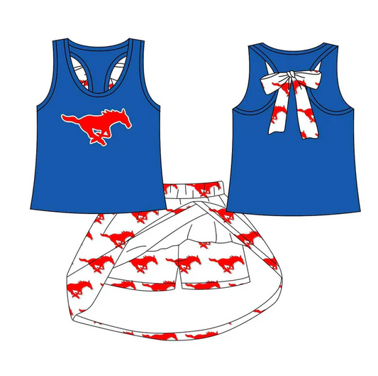 8.15 Preorder (moq 5)Baby Girls Blue Red Horse bow vest team Top Skirt Skort Sets