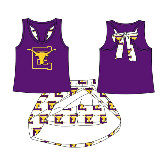 8.15 Preorder (moq 5)Baby Girls Purple Cow bow vest team Top Skirt Skort Sets