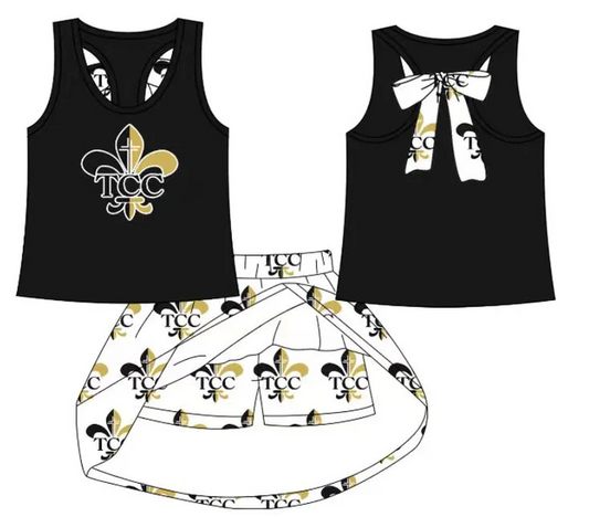 8.15 Preorder (moq 5)Baby Girls Black Saints bow vest team Top Skirt Skort Sets