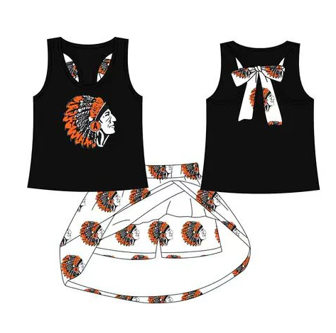 8.15 Preorder (moq 5)Baby Girls Black Orange India bow vest team Top Skirt Skort Sets