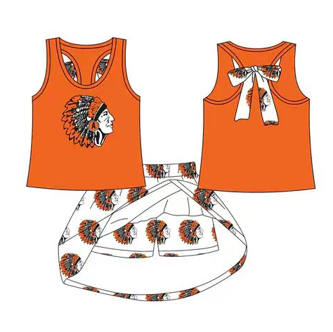 8.15 Preorder (moq 5)Baby Girls Orange India bow vest team Top Skirt Skort Sets