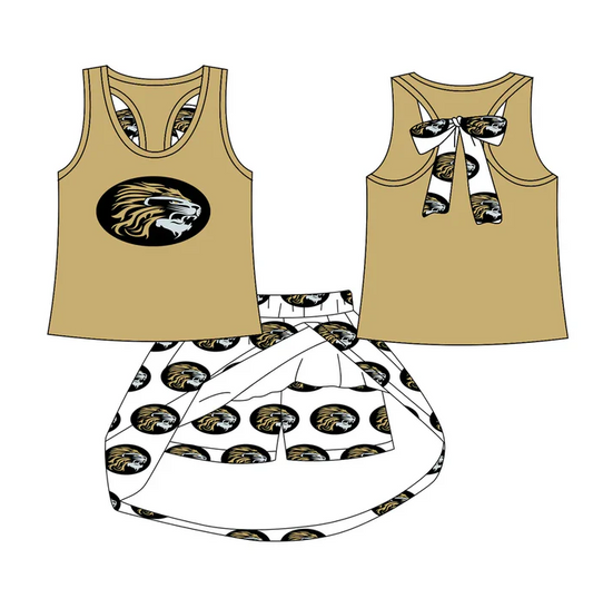 8.15 Preorder (moq 5)Baby Girls Kaufman Lion bow vest team Top Skirt Skort Sets