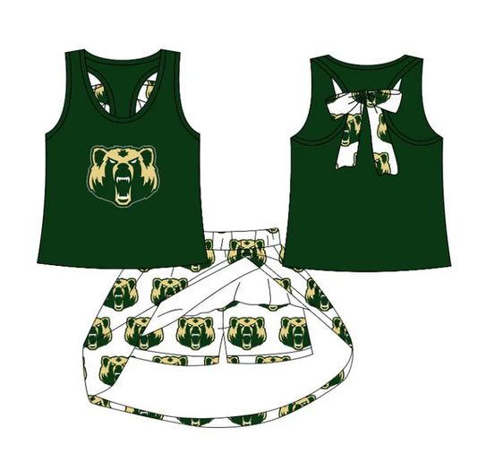 8.15 Preorder MOQ 5 Baby Girls Green Bears Plaid Team Top Skort Clothes Sets