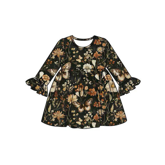 8.15 Preorder(moq 5) Baby Girls Fall Floral Long Sleeves Knee Length Dresses