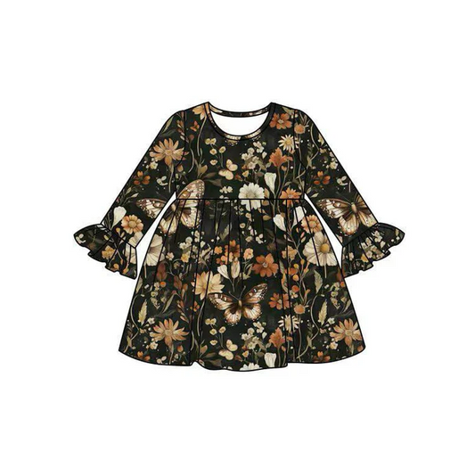 8.15 Preorder(moq 5) Baby Girls Fall Floral Long Sleeves Knee Length Dresses