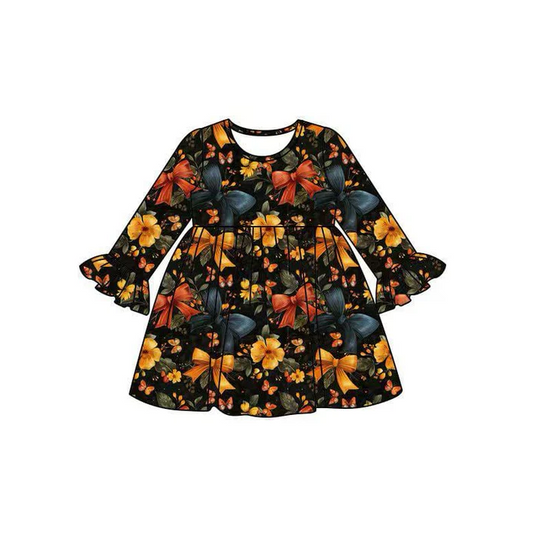 8.15 Preorder(moq 5) Baby Girls Fall Floral Long Sleeves Knee Length Dresses