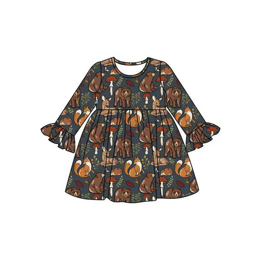 8.15 Preorder(moq 5) Baby Girls Fall Forest Animals Long Sleeves Knee Length Dresses