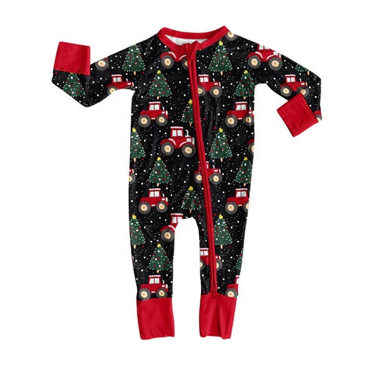 8.15 Preorder(moq 5)Baby Infant Christmas Tree Trucks Zipper Footie Rompers