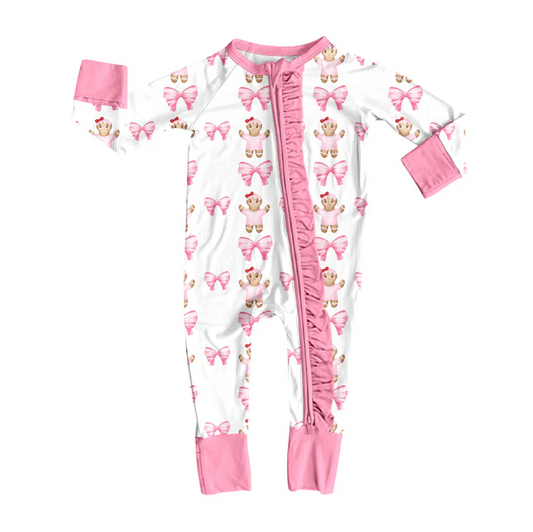 8.15 Preorder(moq 5)Baby Infant Girls Gingerbread Bows Zipper Footie Rompers