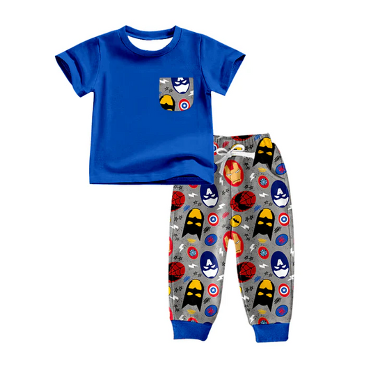 8.16 Baby Boys Cartoon Hero Pocket Tee Top Pants Clothing Sets preorder(moq 5)