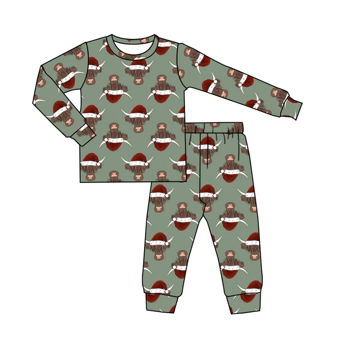 8.16 Baby Kids Western Christmas Highland Cow Pajamas Clothing Sets preorder(moq 5)