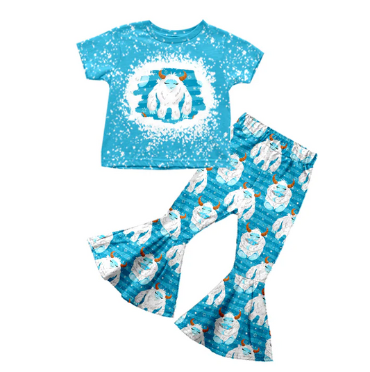 8.16 Baby Girls Blue Cartoon Cow Tee Shirt Bell Pants Clothing Sets preorder(moq 5)