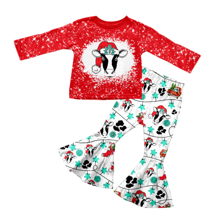 8.16 Baby Girls Red Cow Tee Shirt Bell Pants Clothing Sets preorder(moq 5)
