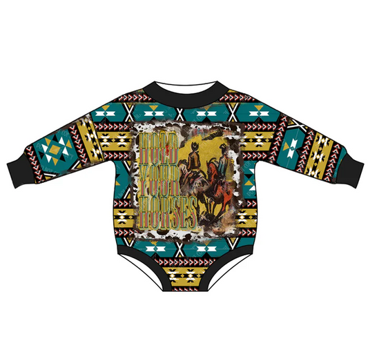 8.18 Western Aztec Baby Girls Green Horse Rompers preorder(moq 5)