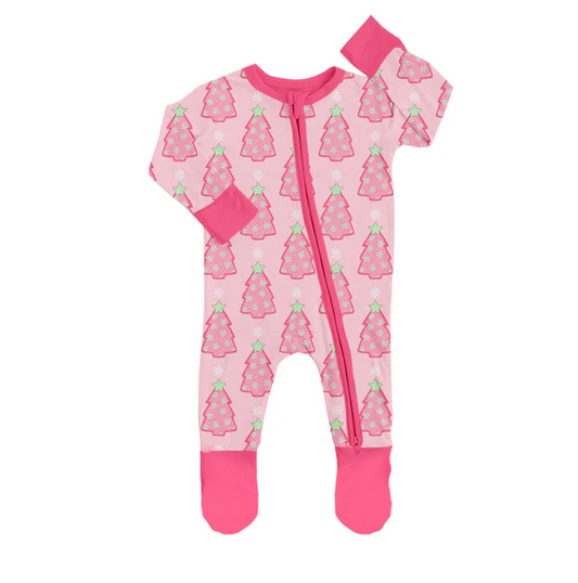 8.18 Christmas Pink Tree Baby Girls Long Sleeve Zip Footie Rompers preorder(moq 5)