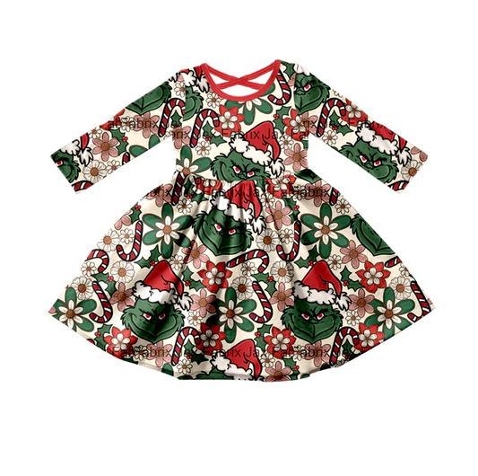 8.19 Baby Girls Christmas Green Frog Twirl Dresses preorder(moq 5)