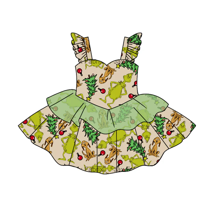 8.19 Baby Girls Christmas Green Frog Strap Ruffle Dresses preorder(moq 5)