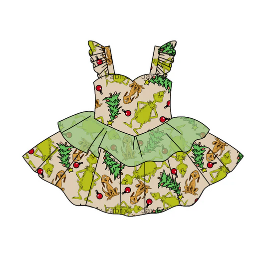 8.19 Baby Girls Christmas Green Frog Strap Ruffle Dresses preorder(moq 5)