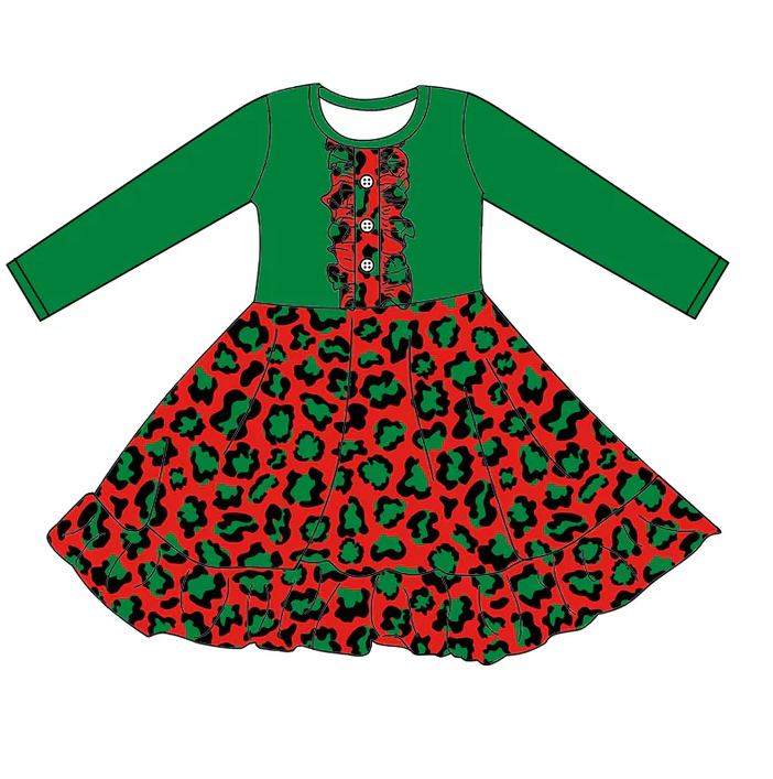 8.19 Baby Girls Christmas Green Red Leopard Ruffle Dresses preorder(moq 5)